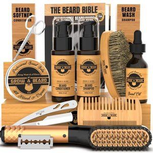 Beard Straightener Grooming Kit for Men, Beard Growth Oil, Sandalwood Balm